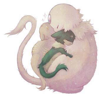 Rule 34 | animal focus, body fur, closed eyes, creature, creature focus, cuddling, forehead jewel, fraid, gem, green fur, green tail, highres, jejejunum, martlet (jejejunum), neck fur, original, pink gem, risoria (jejejunum), secret (jejejunum), simple background, sleeping, sparkle, two-tone fur, white background, white fur