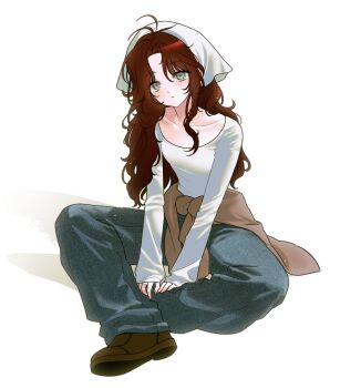 Rule 34 | 1girl, antenna hair, bandaid, bandaid on finger, bandaid on hand, between legs, blush, breasts, brown cardigan, brown hair, brown shoes, cardigan, cardigan around waist, clothes around waist, collarbone, denim, dot nose, expressionless, eyelashes, full body, grey eyes, hair over shoulder, hair scarf, hand between legs, highres, indian style, jeans, long hair, long sleeves, looking at viewer, mole, mole under eye, original, pants, shadow, shirt, shoes, simple background, sitting, sleeves past wrists, small breasts, so seo, solo, wavy hair, white background, white shirt