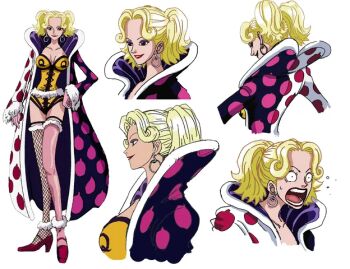 00s 1girl asymmetrical_clothes asymmetrical_legwear blonde_hair breasts brown_eyes cleavage coat collarbone earrings eyeshadow fishnet_thighhighs fishnets full_body fur-trimmed_coat fur_trim high_heels honey_queen jewelry large_breasts leotard lipstick long_hair looking_at_viewer makeup multiple_views official_art one_piece one_piece:_clockwork_island_adventure red_lips reference_sheet smile surprised thighhighs toei_company twintails white_background