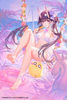 1girl azur_lane bad_source barefoot beach bikini black_hair breasts feet flower hair_flower hair_ornament highres horns manjuu_(azur_lane) medium_breasts navel noshiro_(azur_lane) official_art purple_eyes soles solo swim_ring swimsuit thighs toes