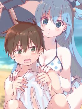 1boy 1girl aqua_(konosuba) bad_link beach beach_umbrella bikini blue_eyes blue_hair blush breasts brown_hair excited float furrowed_brow green_shorts hair_between_eyes hair_ornament hair_rings hetero highres holding holding_swim_ring ikasumi_82 innertube kono_subarashii_sekai_ni_shukufuku_wo! large_breasts long_hair looking_at_another nervous_sweating open_mouth parasol satou_kazuma short_hair shorts single_hair_ring sweat swim_ring swimsuit topless_male touching_another&#039;s_back umbrella very_long_hair waiting white_bikini