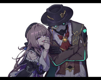 1boy 1girl artist_name beret black_hat black_jacket brown_hair brown_jacket crossed_arms doll_joints hat herta_(honkai:_star_rail) herta_(puppet)_(honkai:_star_rail) highres honkai:_star_rail honkai_(series) humanoid_robot jacket joints krakrignmr long_hair looking_at_viewer monocle neckerchief open_mouth purple_eyes red_neckerchief robot screwllum_(honkai:_star_rail) shirt simple_background twitter_username upper_body white_background white_shirt