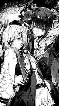 2girls absurdres artist_request belt blood bloody_weapon cherry_blossoms chinese_commentary choker closed_mouth commentary commentary_request commission english_commentary extra_eyes extra_horns flower greyscale hair_flower hair_ornament highres holding holding_sword holding_weapon impaled injury long_hair long_sleeves looking_at_another looking_to_the_side mahou_shoujo_no_majo_saiban monochrome multiple_girls neck_ribbon necktie nikaido_hiro parted_lips ribbon sakuraba_ema second-party_source shirt short_hair spoilers standing sword tears weapon witch_(manosaba) x_hair_ornament