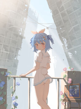 1girl absurdres against_railing animal_ears blue_hair blush building closed_mouth clothing_cutout commentary_request dated_commentary day feet_out_of_frame flower from_behind from_side hair_ribbon highres hololive light_particles looking_at_viewer looking_back orange_eyes outdoors panties pantyshot plant post-apocalypse rabbit_ears rabbit_girl rabbit_tail railing ribbon ruins shirt short_hair short_twintails skirt skyscraper solo standing sunlight tail tail_through_clothes television tusi_0502 twintails underwear usada_pekora usada_pekora_(casual) vines virtual_youtuber white_panties white_shirt white_skirt