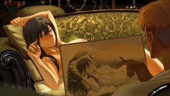 1boy 1girl arms_up aroused black_hair blonde_hair blush breasts charcoal_(medium) collarbone completely_nude couch curvy drawing groin hair_between_eyes head_on_pillow highres husband_and_wife large_breasts light_smile long_bangs long_hair looking_at_viewer lying model modeling narrow_waist navel nipples nude on_couch on_side pale_skin pillow red_eyes seductive_smile smile sogalus spy_x_family stomach thick_thighs thighs titanic_(movie) traditional_media twilight_(spy_x_family) wide_hips yor_briar