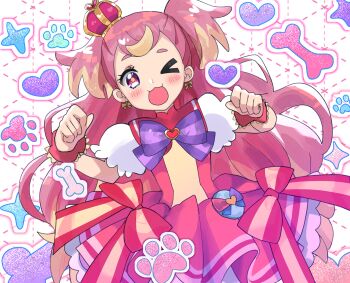:3 :d arched_crown blonde_streaks bow brooch cartoon_bone commentary crown cure_wonderful dot_nose dress dress_bow frilled_dress frills heart heart_brooch highres inukai_komugi jewelry mewly mini_crown multicolored_hair one_eye_closed open_mouth patterned_background paw_pose paw_print pink_crown pink_dress pink_eyes pink_hair pink_wrist_cuffs precure puffy_short_sleeves puffy_sleeves short_sleeves smile sparkle streaked_hair two-tone_hair two_side_up white_sleeves wonderful_precure! wrist_cuffs