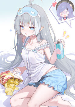 2girls adelie_cat ahoge bag_of_chips black_hat blue_eyes blue_shorts can chips_(food) commentary drink_can female_tyrant_(pajamas)_(stella_sora) female_tyrant_(stella_sora) fingernails food grey_hair hat highres holding holding_can iris_(stella_sora) long_hair mask mask_on_head multiple_girls pointy_ears potato_chips purple_hair shorts sleep_mask solo_focus spoken_character stella_sora strap_slip symbol-only_commentary tyrant_(stella_sora)