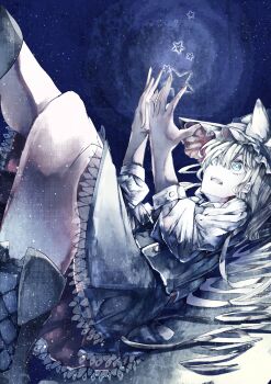 1girl absurdres black_boots black_hat black_skirt black_vest blonde_hair blue_eyes boots bow collared_shirt hair_between_eyes hat hat_bow highres kirisame_marisa looking_up lying medium_hair muraryo night night_sky on_back open_mouth shirt skirt sky sleeve_cuffs solo star_(sky) star_(symbol) starry_sky teeth touhou upper_teeth_only vest white_bow white_shirt witch witch_hat