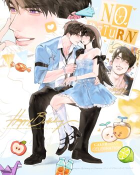 1boy 1girl apple black_necktie black_pants black_shoes blue_dress blue_jacket blush brown_eyes brown_hair caleb_(love_and_deepspace) closed_eyes couple dress earrings food fruit full_body hand_on_another&#039;s_waist heart hetero high_heels highres jacket jewelry kneehighs lime_(fruit) long_hair love_and_deepspace male_underwear necktie off-shoulder_dress off_shoulder one_eye_closed open_fly pants pink_hair protagonist_(love_and_deepspace) purple_eyes shoes short_hair sitting sitting_on_person smile socks underwear very_short_hair white_socks yiiisheng