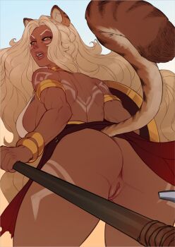 1girl afk_(series) afk_journey animal_ears antandra_(afk_arena) ass ass_focus blonde_hair bracelet breasts curvy dark-skinned_female dark_skin djcomps highres jewelry large_breasts long_hair looking_at_viewer looking_back no_panties open_mouth polearm pussy shield simple_background spear standing tail tattoo thick_lips thick_thighs thighs wavy_hair weapon yellow_eyes