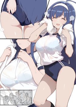 1girl 3boys absurdres ahoge ass ballardiae1007 blue_buruma blue_hair blue_panties blush bra breasts buruma closed_eyes gym_uniform hairband highres huge_ahoge large_breasts long_hair meme multiple_boys open_mouth orie_ballardiae_harada panties panties_under_buruma see-through_clothes shirt sweat towel under_night_in-birth underwear very_long_hair white_hairband white_shirt
