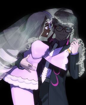 1boy 1girl black-framed_eyewear black_hair black_jacket corbeau_(pokemon) dark-skinned_female dark_skin dress fascinator formal_clothes frills gem glasses gloves hand_around_waist highres imo24005 jacinthe_(pokemon) jacket juliet_sleeves long_hair long_sleeves looking_at_another low_drills necktie nintendo open_mouth parted_hair pink_background pokemon pokemon_legends:_z-a puffy_sleeves purple_dress purple_eyes purple_hair purple_jacket round_eyewear see-through_clothes see-through_veil serious short_hair smile suit suit_jacket sweatdrop undercut veil very_dark_skin white_gloves white_necktie yellow_eyes