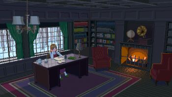 1girl animated animated_gif armchair book bookshelf brown_hair ceiling chair chandelier cup desk desk_lamp dithering fireplace floor globe green_slippers head_rest holding holding_pen indoors kuuchuu_roukaku lamp long_skirt long_sleeves looping_animation open_book original pen phonograph pixel_art reading rug skirt slippers solo teacup teapot wide_shot window winter wooden_floor