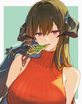 1girl absurdres alternate_costume artist_name black_hair breasts christmas_tree claws commentary cookie demon earrings elbow_gloves english_commentary food gloves gold_trim hair_between_eyes highres honkai:_star_rail honkai_(series) jewelry large_breasts long_hair looking_at_viewer mole mole_under_eye purple_eyes single_earring single_elbow_glove sleeveless sleeveless_turtleneck the_dahlia_(honkai:_star_rail) turtleneck yanjem