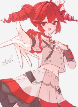 1girl :d blush drill_hair grey_shirt grey_skirt hand_on_own_chest hashtag-only_commentary highres kasane_teto kasane_teto_(sv) long_sleeves looking_at_viewer midriff open_mouth outstretched_hand pleated_skirt ramie_li red_eyes red_hair shirt signature simple_background skirt smile solo synthesizer_v twin_drills twintails white_background