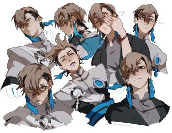 ! 1boy blush bracelet buttons closed_eyes collared_shirt commentary commentary_request cropped_torso earrings english_commentary gachiakuta grey_shirt hair_between_eyes hand_over_eye highres jewelry long_sleeves looking_at_viewer looking_to_the_side lower_teeth_only male_focus marik_draw multicolored_hair multiple_views o-ring one_eye_closed open_collar open_mouth parted_bangs piercing sash shirt speech_bubble spoken_exclamation_mark tassel tassel_earrings teeth two-tone_hair white_sash wide-eyed zanka_nijiku zipper zipper_pull_tab