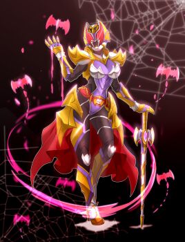Rule 34 | 1girl, absurdres, alternate costume, alternate form, alternate universe, armor, bat (animal), belt, black background, black bodysuit, blood, bodysuit, breastplate, breasts, commentary request, contrapposto, gauntlets, gloves, gold armor, highres, kamen rider, kamen rider dcd, kamen rider kiva, kamen rider kiva (emperor form), kamen rider kiva (series), kamen rider kivala, large breasts, mixed-language commentary, p.a.l.m, pink blood, planted, planted sword, planted weapon, red eyes, rider belt, sword, tokusatsu, vampire, weapon