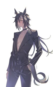 1girl absurdres air_shakur_(umamusume) alternate_costume animal_ears arm_at_side black_choker black_hair black_jacket black_pants black_suit breasts buttons choker closed_mouth commentary_request cowboy_shot ear_ornament expressionless eyebrow_piercing face_piercing formal_clothes hand_in_pocket highres horse_ears horse_girl horse_tail jacket jewelry legs_apart long_hair long_sleeves looking_at_viewer low_ponytail matoi_sakuretsu messy_hair no_bra pant_suit pants piercing plunging_neckline pocket ponytail skinny solo standing suit suit_jacket tail umamusume very_long_hair watch wristwatch yellow_eyes