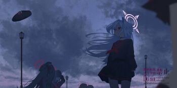 5girls absurdres alternate_costume black_gloves black_hair black_hat black_shirt black_skirt blue_archive closed_mouth cloud cloudy_sky faceless faceless_female gloves halo hat head_wings highres justice_task_force_member_(blue_archive) long_hair looking_ahead multiple_girls neckerchief necktie pleated_skirt purple_halo red_eyes red_halo red_neckerchief red_necktie shirt single_wing skirt sky suzumi_(blue_archive) white_wings wings yamaharu_(xxzf7284)