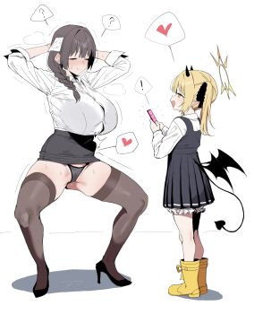 ! 2girls ? absurdres age_difference black_hair black_panties black_shoes blonde_hair blue_archive braid braided_ponytail breasts brown_thighhighs female_sensei_(blue_archive) female_sensei_(blue_archive)_(xipa) full_body halo heart highres huge_breasts ibuki_(blue_archive) looking_at_another mature_female multiple_girls older_female_and_younger_female onee-loli open_mouth panties sensei_(blue_archive) shirt shoes simple_background spoken_exclamation_mark spoken_heart spoken_question_mark squatting standing thighhighs underwear white_background white_shirt xipa yellow_halo yuri