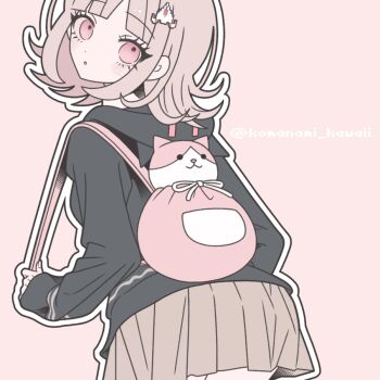 1girl :o animal_bag blush brown_hair cat_bag commentary_request cowboy_shot danganronpa_(series) danganronpa_2:_goodbye_despair flipped_hair hair_ornament hood jacket komanami_kawaii long_sleeves medium_hair miniskirt nanami_chiaki pink_bag pink_eyes pleated_skirt shirt simple_background skirt solo