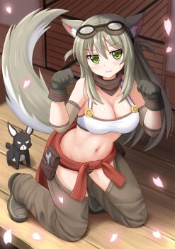 1girl animal_ears bare_shoulders belt blood blush breasts cherry_blossoms cleavage female_focus fox fox_ears fox_tail goggles green_eyes grey_pants grey_shoes highres kazenokaze kneeling lily_the_mechanic long_hair looking_at_viewer lost_pause navel nosebleed pants paw_pose rabbit shoes silver_hair solo tail tank_top tools wrench