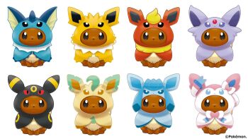 Rule 34 | :3, animal focus, artist request, character hood, closed mouth, commentary request, copyright name, copyright notice, cosplay, eevee, espeon, espeon (cosplay), flareon, flareon (cosplay), full body, gen 1 pokemon, gen 2 pokemon, gen 4 pokemon, gen 6 pokemon, glaceon, glaceon (cosplay), hood, hood up, jolteon, jolteon (cosplay), leafeon, leafeon (cosplay), nintendo, no humans, official art, pokemon, pokemon (creature), pokemon focus, second-party source, simple background, smile, sylveon, sylveon (cosplay), umbreon, umbreon (cosplay), vaporeon, vaporeon (cosplay), white background