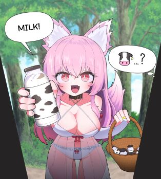 1girl absurdres animal_ear_fluff animal_ears babydoll basket bottle breasts bridal_gauntlets cleavage collar collarbone commentary_request commission cowboy_shot criss-cross_halter day doorway english_text fang forest halterneck hh highres holding holding_basket holding_bottle incoming_drink korean_commentary large_breasts long_hair looking_at_viewer milk milk_bottle nature open_mouth original outdoors panties pink_hair pov_doorway red_eyes see-through_babydoll see-through_clothes smile solo speech_bubble spoken_animal tail thought_bubble underwear white_babydoll white_bridal_gauntlets white_panties wolf_ears wolf_girl wolf_tail