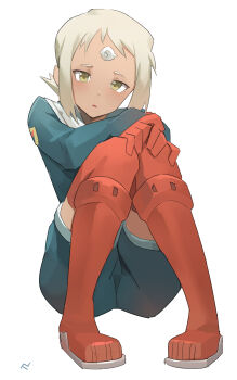 Rule 34 | 1girl, absurdres, boots, dark-skinned female, dark skin, expressionless, full body, hands on own knees, highres, knees together feet apart, lal'c mellk mal, looking at viewer, open mouth, short hair, sitting, solo, t-lex, thighhighs, top wo nerae! (series), top wo nerae 2!, white background, white hair, yellow eyes