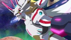 2boys animated armor attack battle canoweissmon digimon digimon_(creature) digimon_ghost_game dragon dragon_wings energy_ball evolution evolutionary_line fighting glowing glowing_eyes grin holding holding_weapon jumping kausgammamon looking_at_another multiple_boys multiple_girls regulusmon serious siriusmon slashing smile surprised sword tagme toei_company transformation video violence weapon wezengammamon wings yellow_eyes