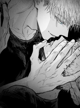 Rule 34 | 2boys, blue eyes, commentary request, gojou satoru, greyscale, hand on another's face, highres, itadori yuuji, jujutsu kaisen, looking at another, male focus, monochrome, multiple boys, nay bb, saliva, saliva trail, short hair, spot color, sweat, undercut, yaoi
