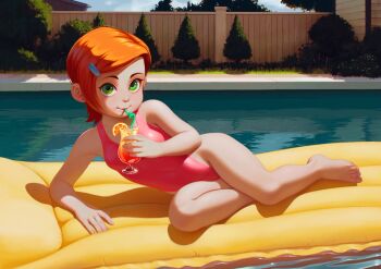 1girl alkemanubis barefoot ben_10 cartoon_network cloud cup drinking drinking_glass drinking_straw feet female_focus fence flat_chest full_body green_eyes gwen_tennyson hair_ornament hairclip highres inflatable_raft loli looking_at_viewer one-piece_swimsuit orange_hair outdoors pink_one-piece_swimsuit pool short_hair sky solo swept_bangs swimsuit water wooden_fence