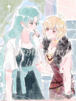 2girls aqua_hair blonde_hair brown_dress chloe_(fire_emblem) citrinne_(fire_emblem) dress earrings fire_emblem fire_emblem_engage gold_trim green_eyes hair_ornament highres implied_yuri jewelry looking_at_another manymanylilies multiple_girls nintendo red_eyes teardrop_earrings wing_hair_ornament