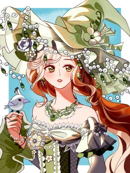 1girl absurdres ambird_(infinity_nikki) bare_shoulders bead_necklace beads belt bird bird_on_hand black_belt black_dress blue_background border bow bright_pupils brooch brown_hair center_frills chinese_commentary cloud commentary_request dress earrings expressionless eyelashes facial_tattoo flower flower_button flower_tattoo frilled_headwear frilled_sleeves frills gem green_bow green_eyes green_flower green_gemstone green_hat green_pupils hat hat_bow hat_flower highres infinity_nikki jewelry layered_sleeves light_blush lipstick long_hair long_sleeves looking_to_the_side low_twintails makeup necklace nikki_(series) off-shoulder_dress off_shoulder open_mouth outside_border rainfall_&amp;_blossoms_(infinity_nikki) red_lips shanfengzhu short_over_long_sleeves short_sleeves sidelocks sleeve_bow solo striped_clothes striped_headwear tattoo teeth twintails two-sided_sleeves upper_body vertical-striped_clothes vertical-striped_headwear very_long_hair wavy_hair white_border white_flower wide_sleeves witch witch_hat