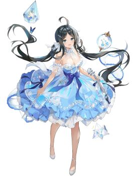 1girl :d ahoge bare_shoulders black_hair blue_dress blue_eyes blue_flower breasts bug butterfly character_request cleavage covered_collarbone dress flower full_body highres holding holding_instrument holding_violin houchi_shoujo insect instrument low_twintails official_art open_mouth pale_skin shoes smile solo transparent_background twintails violin white_shoes