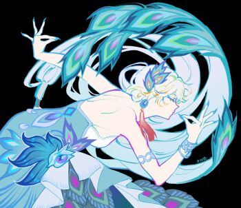 1girl armlet black_background bracelet breasts closed_eyes dress earrings fingernails gradient_hair hashtag-only_commentary honkai:_star_rail honkai_(series) jewelry leaning liuyun_(liuyun73492) long_hair multicolored_hair nail_polish peacock_feathers_hair_ornament sharp_fingernails single_earring sleeveless tassel very_long_hair white_hair yao_guang_(honkai:_star_rail)