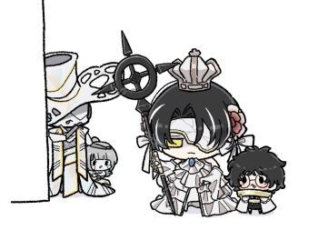 Rule 34 | 2boys, 2girls, :3, albina (project moon), ascot, black eyes, black hair, blue gem, brooch, callisto (project moon), cape, closed mouth, commentary request, cracked mask, cuffs, d ecember12th, dress, e.g.o (project moon), faded memories (e.g.o), gem, grey hair, hat, holding, holding staff, jewelry, korean commentary, library of ruina, limbus company, multiple boys, multiple girls, project moon, rien (project moon), round eyewear, shackles, simple background, sora (project moon), staff, stole, white ascot, white background, white cape, white dress, white hat, white mask, yellow eyes