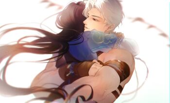 1boy 1girl arm_strap biceps brown_hair couple day eyelashes hetero highres hug long_hair long_sleeves love_and_deepspace mongolian_clothes ng_ai0 outdoors parted_bangs parted_lips protagonist_(love_and_deepspace) red_eyes short_hair string_of_flags sylus_(love_and_deepspace) very_long_hair white_hair