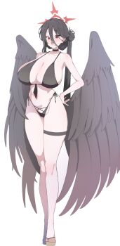 1girl absurdres bare_shoulders bikini black_bikini black_hair black_wings blue_archive blush breasts choker cleavage collarbone front-tie_bikini_top front-tie_top full_body groin hair_between_eyes hair_bun halo hand_on_own_hip hasumi_(blue_archive) hasumi_(swimsuit)_(blue_archive) highres huge_breasts long_hair long_hair_between_eyes looking_at_viewer low_wings navel open_mouth red_eyes red_halo s10021 sandals side-tie_bikini_bottom side_ponytail single_side_bun solo swimsuit thighs very_long_hair wings