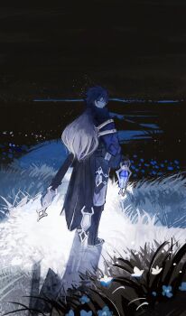 1boy black_boots black_capelet black_coat black_gloves black_sky blue_hair boots capelet closed_mouth coat field fingerless_gloves flins_(genshin_impact) flower full_body genshin_impact gloves gradient_hair highres holding holding_lantern lantern layered_sleeves long_hair long_sleeves looking_back male_focus multicolored_hair outdoors rxkwv123 sky smile solo standing white_hair yellow_eyes
