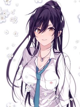 1girl black_hair breasts brown_eyes cleavage commentary_request female_focus highres idolmaster idolmaster_shiny_colors kaa large_breasts long_hair looking_at_viewer necktie parted_lips ponytail purple_hair school_uniform shirase_sakuya solo upper_body