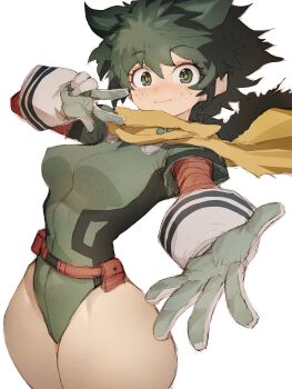 1girl adapted_costume bodysuit boku_no_hero_academia breasts cape covered_erect_nipples curvy freckles fumio_(rsqkr) genderswap genderswap_(mtf) gloves green_eyes green_hair highres hip_focus hood hooded_bodysuit impossible_clothes looking_at_viewer medium_breasts midoriya_izuku narrow_waist navel scar scar_on_arm short_hair simple_background smile solo superhero_costume thick_thighs thighs white_background white_gloves wide_hips yellow_cape