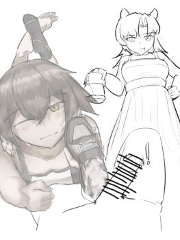 2girls absurdres arknights barefoot brown_hair cum fang_(arknights) feet highres looking_at_viewer lying medium_hair multiple_girls on_stomach one_eye_closed operatorut plume_(arknights) shoejob shoes smile socks soles toes unworn_shoes unworn_socks yellow_eyes