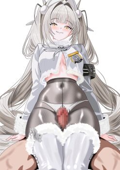 1boy 1girl absurdres black_pantyhose blanc_(fortune_express)_(nikke) blanc_(nikke) boots breasts censored coat commentary_request covered_navel fang fur-trimmed_boots fur_trim goddess_of_victory:_nikke hetero highres long_hair medium_breasts mosaic_censoring myapanpan official_alternate_costume official_alternate_hairstyle panties panties_under_pantyhose pantyhose simple_background skin_fang smile thigh_sex thighs twintails underwear very_long_hair white_background white_boots white_coat white_hair white_panties winter_clothes winter_coat yellow_eyes
