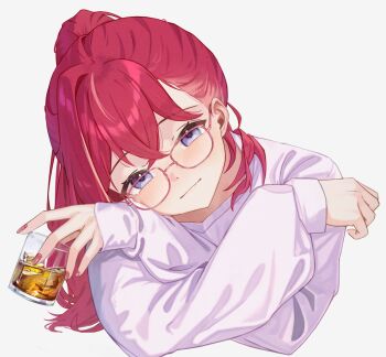 1girl alcohol alternate_costume arm_hug arm_support bespectacled blush commentary_request cropped_torso crossed_arms cup drinking_glass drunk esuma_gt glasses highres holding holding_cup konkon_aria light_blush light_smile long_hair long_sleeves looking_at_viewer neo-porte pink_shirt purple_eyes red-framed_eyewear red_hair shirt simple_background single_sidelock sleeves_past_wrists smile solo virtual_youtuber whiskey white_background