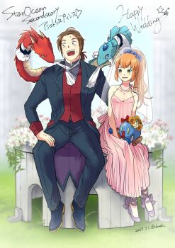 1boy 1girl :d ashton_anchors bobot breasts brown_hair chimaki_(impressiveanarchy) cleavage dragon dress green_eyes jewelry long_hair necklace open_mouth ponytail precis_neumann robot smile star_ocean star_ocean:_the_second_story wedding_dress