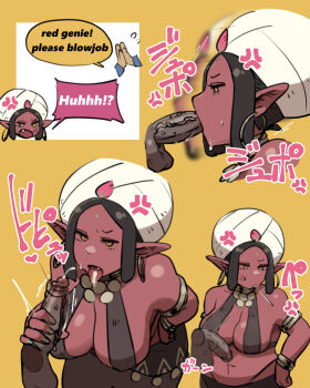 1boy 1girl bindi breast_curtains breasts colored_skin cum cum_in_mouth cum_on_tongue earrings fellatio genie genie_(siva-siva) hetero hoop_earrings jewelry jitome large_breasts long_pointy_ears neck_ring no_sclera oral original penis plump pointy_ears praying_emoji red_genie_(siva-siva) red_skin simple_background siva-siva tongue tongue_out turban uncensored white_turban wishing yellow_background