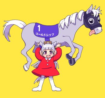 1girl aged_down animal_ears arms_up blunt_bangs blush boots bow closed_mouth creature_and_personification dress ear_bow gold_ship_(racehorse) gold_ship_(umamusume) grey_hair hat highres holding horse horse_ears horse_girl horse_mask horse_tail kitnoko long_hair long_sleeves looking_at_viewer mask open_mouth pantyhose personification pillbox_hat pippi_longstocking pippi_longstocking_(series) purple_bow purple_eyes real_life red_dress simple_background smile tail teeth tongue tongue_out umamusume upper_teeth_only white_boots white_pantyhose yellow_background