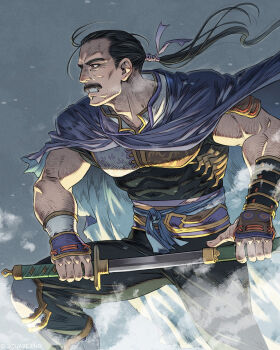 1boy black_hair black_pants blue_cloak clenched_teeth cloak cowboy_shot cyan_garamonde drawing_sword facial_hair fighting_stance final_fantasy final_fantasy_vi furrowed_brow grey_background hair_tie highres holding holding_sword holding_weapon katana knee_pads long_hair male_focus mature_male muscular muscular_male mustache official_art pants parted_lips ponytail solo square_enix sword teeth weapon
