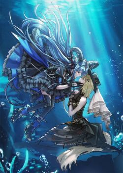 2girls air_bubble animal_ears arknights bang_dream! bang_dream!_it's_mygo!!!!! black_boots black_dress black_gloves black_hat black_thighhighs blonde_hair blue_hair boots bubble chinese_commentary commentary_request demon_horns demon_tail dog_ears dog_girl dog_tail dress gloves hair_ornament hairclip hand_on_another's_face hat highres horns kemonomimi_mode long_hair medium_hair misumi_uika misumi_uika_(caged_singer) multiple_girls parted_lips purple_eyes rhapsode smile tail thighhighs togawa_sakiko togawa_sakiko_(master_of_melodia) underwater yuri